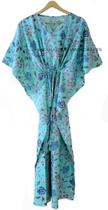 Cotton Loose Short Sleeves Kishori Print Mint Green Free Size Caftan Maxi Dress - Picture 1 of 4