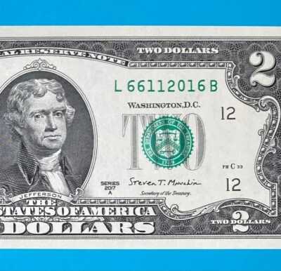 TRAILING YEAR 2016 (L 6611 2016 B) $2 Two Dollar Bill Serial Number 2017A *UNC* - Image 1 of 4