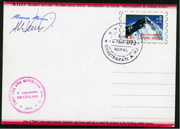 TIBET 1993 CHO OYU NEPAL SUIZA MONTE EXPEDICIÓN SIGNO CON FOTO POSTAL Foto 1 de 1