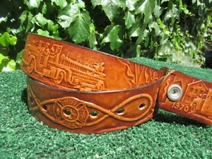 Vintage Tooled Leather Fireman Firetruck History Medium 34-38 Kat Kuszak 83 Belt - Picture 1 of 11