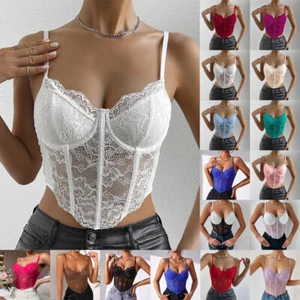Womens Lace Vest Crop Tops Corsets Strappy Low Cut Cami Shirts Tank Bustier SEXY - Picture 1 of 73