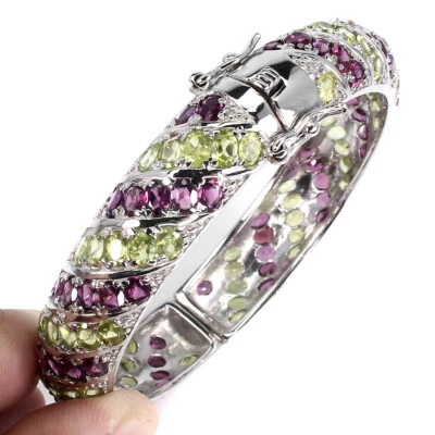 925 Sterlingsilber Armreif Oval Rhodolith Peridot Natur Edelstein Schmuck Gift - Bild 1 von 4