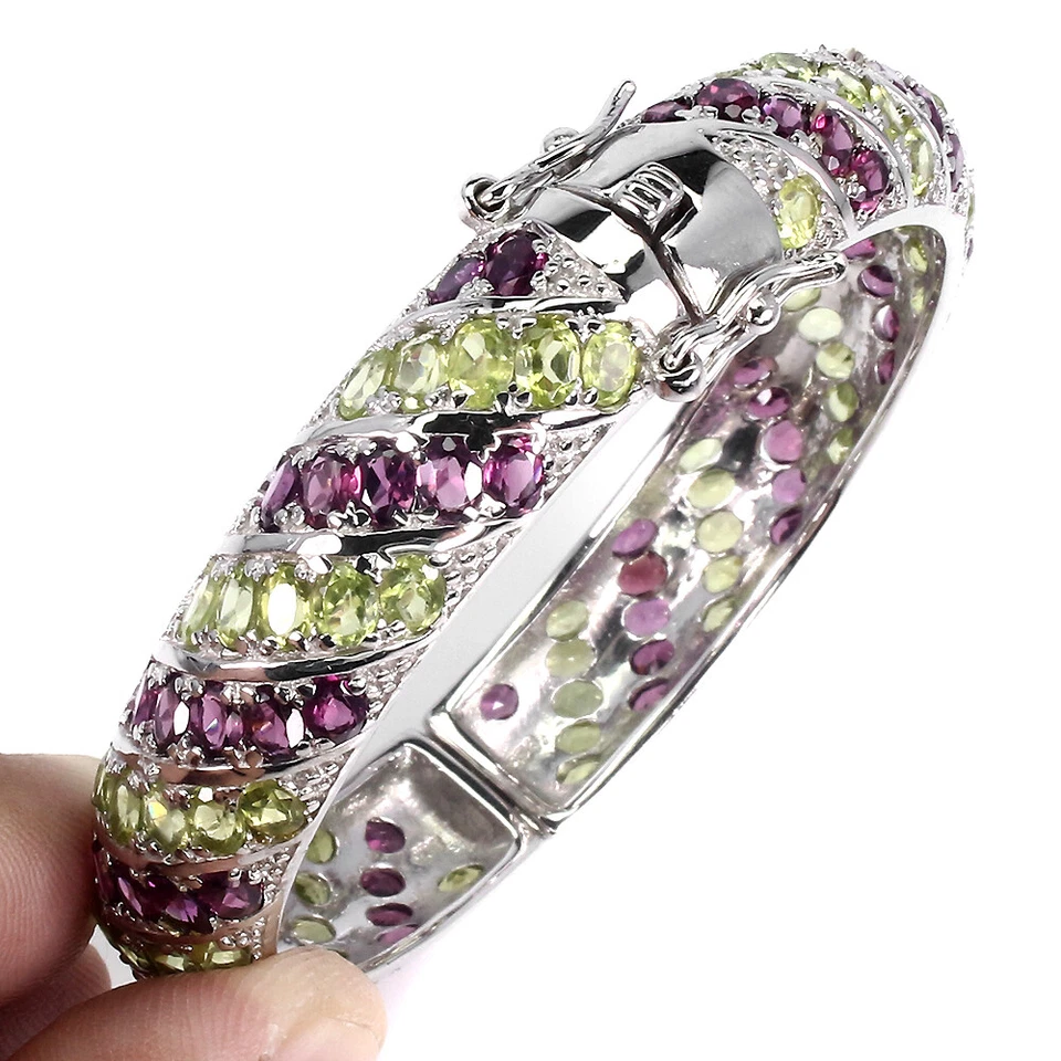 925 Sterling Silver Bangle Oval Rhodolite Peridot Natural Gemstone Jewelry Gift - Image 1 of 4