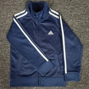 Adidas Jacket Boys 5 Blue Track Full Zip Mock Neck 3 Stripe Outdoor Casual Play - Picture 1 of 8