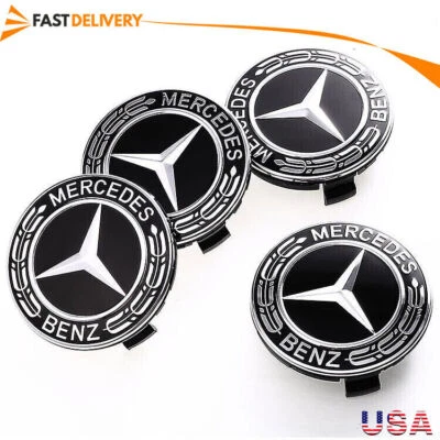 NEW 4PCS Mercedes Benz Wheel Center Caps Emblem Black and Chrome Hubcaps 75MM US - Image 1 of 4