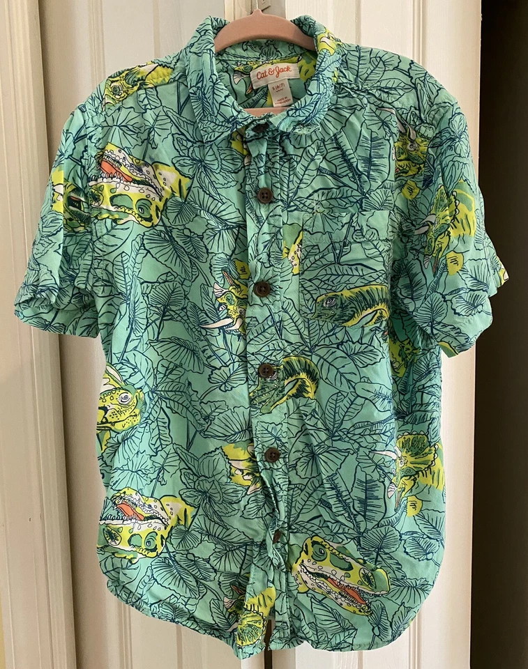 Cat and Jack Boys S 6/7 Button Up Collared Hawaiian Shirt Blue Green Dinosaurs - Image 1 of 4