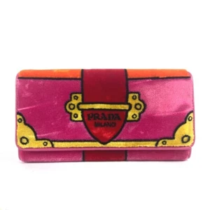 PRADA 1MH019 Cartera Larga Logo Solapa Cartera Larga Terciopelo Rosa - Imagen 1 de 14