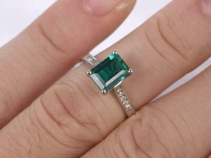 2.00Ct Emerald Cut Simulated Green Emerald Engagement Ring 14k White Gold Finish - Picture 1 of 6
