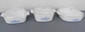 (3) CORNING WARE BLAUE KORNBLUME KASSEROLLE 1,5 QT/1 QT/8x8x1,75 mit DECKEL PERFEKT! - Bild 1 von 11