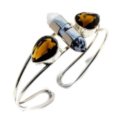 Zebra Jasper, Smokey Quartz Gemstone 925 Sterling Silver Cuff Bracelet O565 - Image 1 of 4