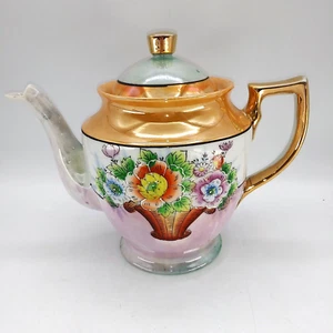 Vintage floral Hand Painted Luster Ware glazed Porcelain teapot Japan 7" tall - Picture 1 of 15