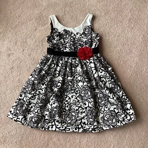 EMILY WEST GIRLS 10 PARTY/ HOLIDAY SEASON DRESS, WHITE W/ BLACK FLOCKED DESIGN - Picture 1 of 5