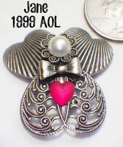 Vtg Hand-Signed JANE 1999 AOL Angel of Love Pin Heart Wings, Red Crystal Heart - Picture 1 of 4