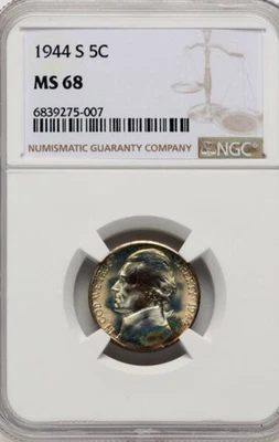 1944-S Silver War Nickel, 5C - MS68 NGC - High Grade - Gorgeous - Image 1 of 2