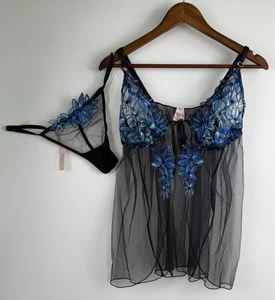 Victoria's Secret Unlined Mesh Embroidered Babydoll Lingerie Panty Set XXL NWT - Picture 1 of 17