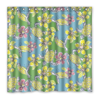 Cortina de ducha con estampado personalizado Lilly Pulitzer Turtles tamaño 71 x 71 pulgadas con ganchos Foto 1 de 3