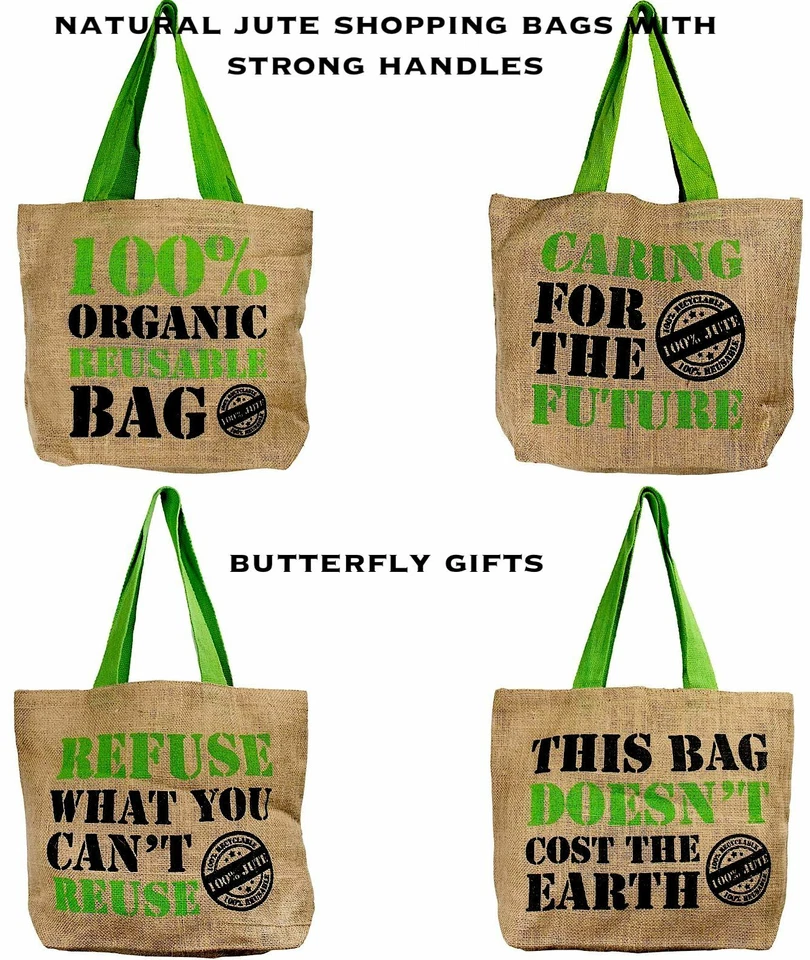 BUTTERFLY GIFTS 2 x Natural Eco Friendly Grocery Shopping Bag Jute Hessian Shopper Reusable Tote