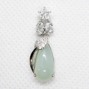 Grüner Tropfen Cabochon Chalzedon CZ Anhänger 925 Silber 585 Weißgold vergoldet - Bild 1 von 4