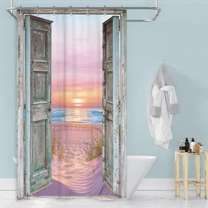 RV Shower Curtain 36Wx72H Inch Pink Beach Narrow Stall with 7 Hooks Waterproof - Picture 1 of 7