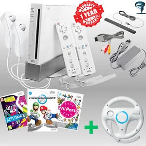 Nintendo Wii Console Inc Mario Kart + 2 Games Steering Wheel 2 Remotes + Cables - Picture 1 of 8