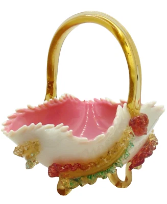 Antike viktorianische Harrach applizierte Akanthus & Blume Kunst Glas Korb Vase LEUCHTET - Bild 1 von 4