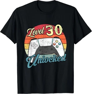 Funny Video Gamer 30th Birthday Decoration Level 30 Unlocked Gift Unisex T-Shirt - Picture 1 of 3