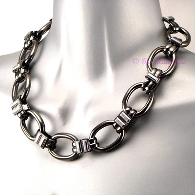 Retro Chunky Rhodium Heavy Metal Crystal Chain Punk Rock Choker Collar Necklace - Image 1 of 3