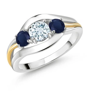 925 Sterling Silver and 10K Yellow Gold Aquamarine and Sapphire 3 Stone Ring - Picture 1 of 3