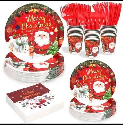 175 peças conjunto de utensílios de mesa de Natal, conjunto de pratos e guardanapos de papel de Natal, Papai Noel... - Imagem 1 de 3