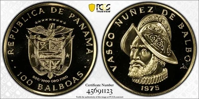 1975 FM PCGS PR69CAM Panamá 100 Balboa finura 0,900 oro prueba 69 camafeo Foto 1 de 3