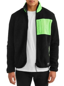WeSC Moritz Mixed-Media Sherpa Slim Fit Fleece Jacket Black Neon Green-Size Med - Picture 1 of 5