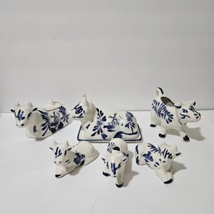Vintage Dutch Blue Delft Cow Set Creamer Butter Dish Sugar Salt Pepper Toothpick - Picture 1 of 20