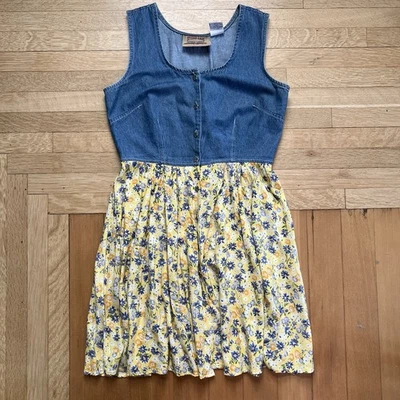 Vintage 80s 90s Denim Sleeveless Button Mini Dress Yellow Floral M - Image 1 of 4