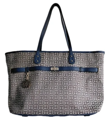 Tommy Hilfiger Large Beige All-Over Initials "TH" Purse Tote Bag w/Blue Trim - Image 1 of 4