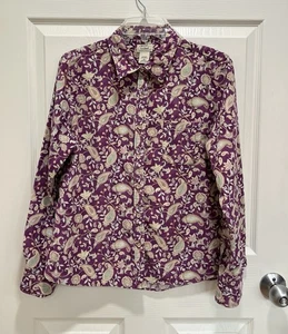 LL BEAN Corduroy Shirt Womens Size M Purple Floral Paisley Button Up Long Sleeve - Picture 1 of 7