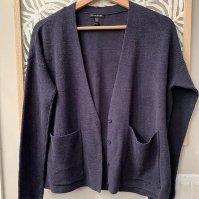 Eileen Fisher Linen Cotton Dark Blue Cardigan Button Up Pocket V Neck  XS - Image 1 of 4