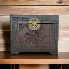 Vintage Antique Hand Carved Wooden Chinese Oriental Chest Box Brass Lock