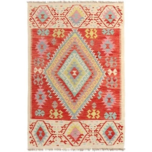 Red Beige Vegetable Kilim Wool Area Rug 3'9x6'3 ft, Traditional Flat Rug -P26797 - Picture 1 of 8