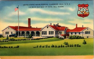 CLAREMORE, OKLAHOMA - UNITED STATES INDIAN HOSPITAL HOTEL WILL ROGERS POSTCARD - Picture 1 of 2