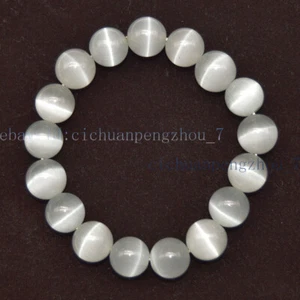 10/12/14mm White Mexican Opal Cat's Eye Round Gems Beads Elastic Bracelet 7.5'' - Picture 1 of 6
