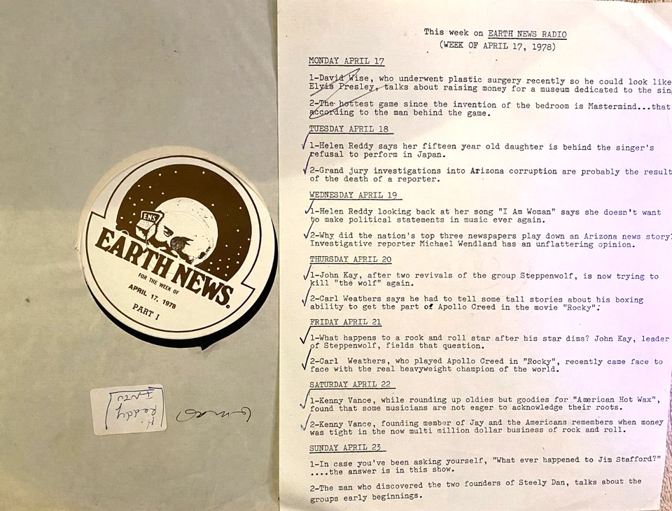 4/17/78 EARTH NEWS RADIO  FEATURES HELEN REDDY, JOHN KAY, KENNY VANCE,STEELY DAN - Image 1 of 1