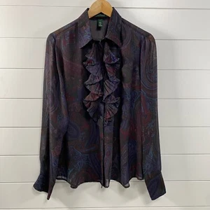 Lauren Ralph Lauren Womens Dark Paisley Ruffle Blouse L Purple LongSleeve Preppy - Picture 1 of 9