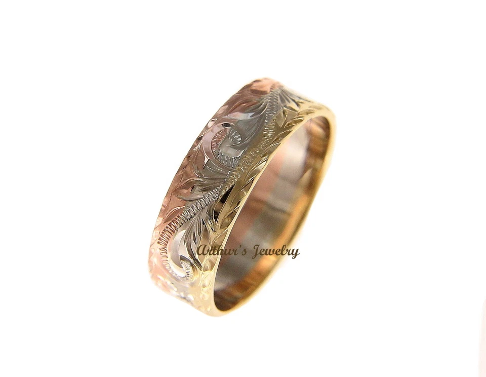 14K YELLOW WHITE ROSE TRICOLOR GOLD ENGRAVED HAWAIIAN PLUMERIA SCROLL 6MM RING - Image 1 of 1