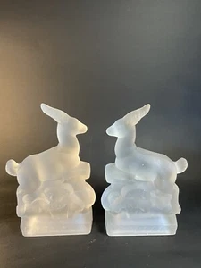 Frosted Glass Leaping Deer Antelope Bookends Figurines 8” - Small Chips On One - Picture 1 of 23