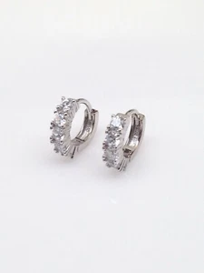 925 Sterling Silver SMALL Cz Huggie Hoop Earrings Womens Kids 10mm(11.5mm)x2.8mm - Picture 1 of 9