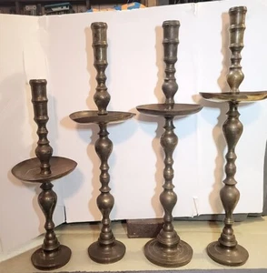 Brass Floor Candle Holders (4) Assort Sizes Needs Clean Has Wear Photos Descr - Picture 1 of 19