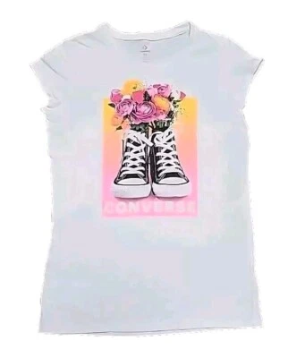 Converse T Shirt Girls XL White Fitted Cap Short Sleeve Black Shoes Flowers Teen - Image 1 of 4