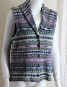 Chaps Sz L Gorgeous Purple Green Fair Isle Nordic Knit Cardigan Sweater Vest - Picture 1 of 8
