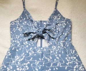 DISSH sz M 12 Blue Print JUMPSUIT Pants Front Knot Bow Tie CUT OUT Wide Leg #C3 - Picture 1 of 10