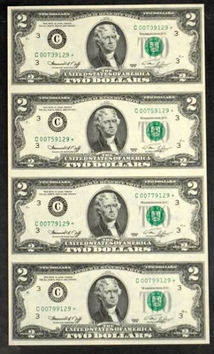 UNCUT SHEET OF 4 - 1976 $2 STAR NOTES - PHILADELPHIA DISTRICT C00739129* - Image 1 of 4